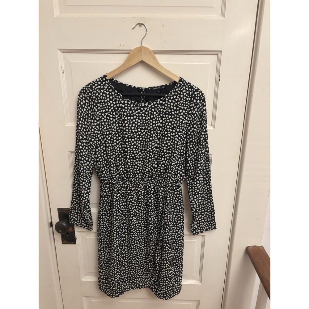 J. Crew Mercantile Black White Heart Print Long Sleeve Tulip Hem Dress Sz 2 $98